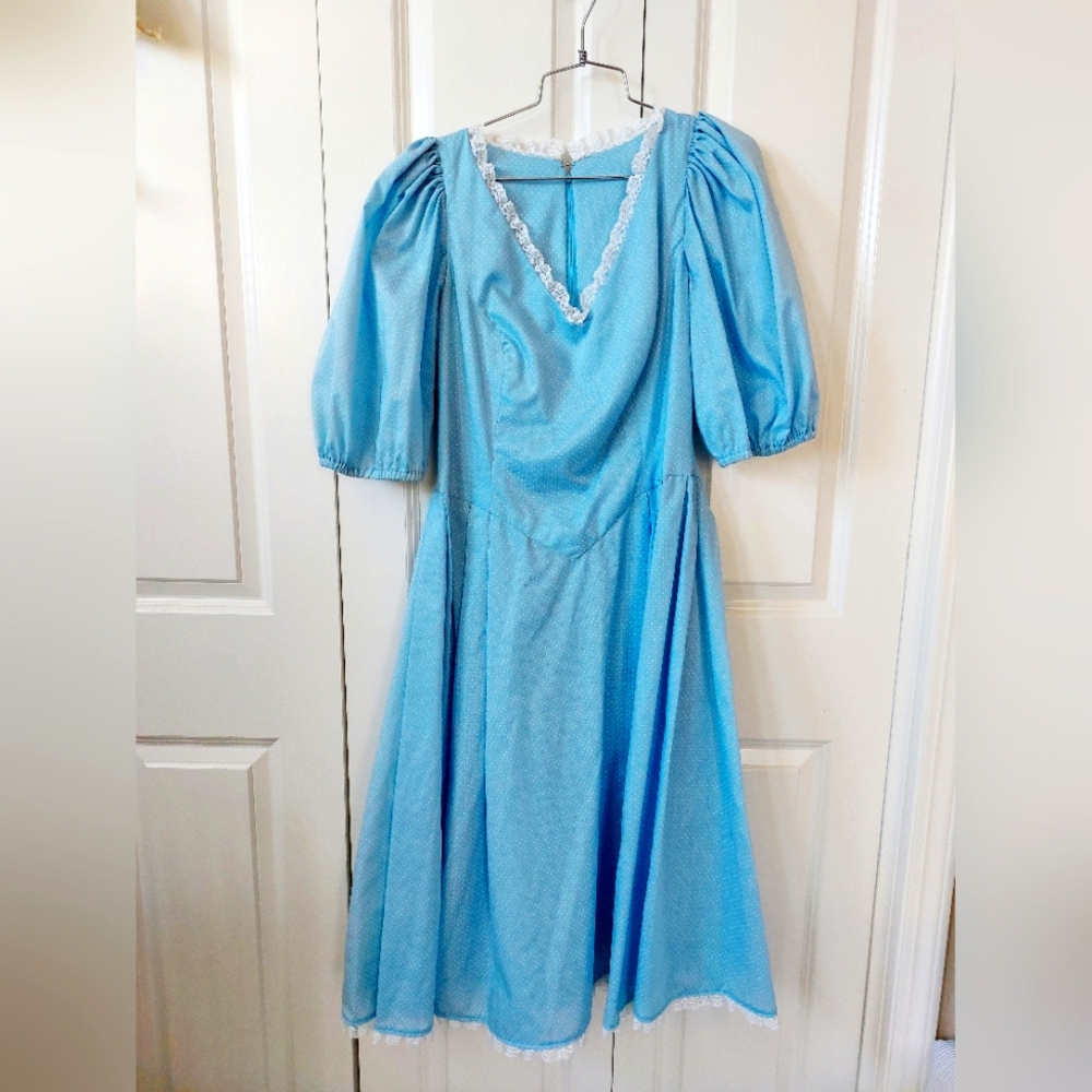 Blue Polkadot & Lace 60s Dress Theater Costume‎ Princess Neckline Puffy Sleeves